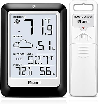 Indoor Outdoor Thermometer Hygrometer Wireless Weather Station, Temperature Humidity Monitor Battery Powered Inside Outside Thermometers with 330ft Range Remote SensorBlack