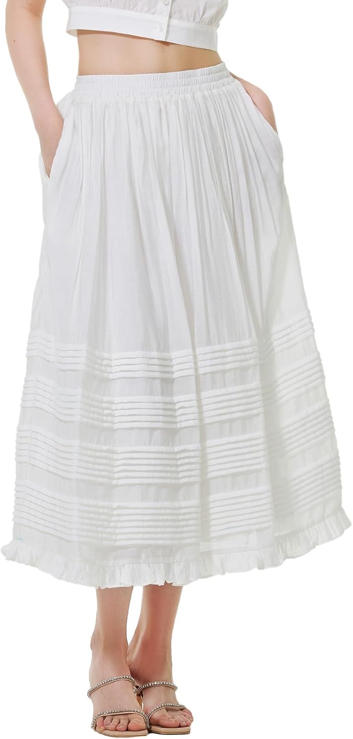 BEAUTELICATE Women Maxi Skirt with Pockets Elastic Waist A Line Tiered Pleated Flowy Skirt