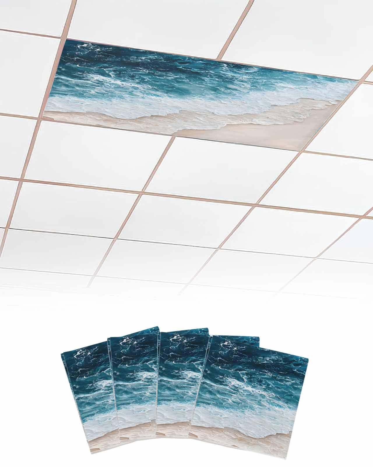EwdeWwo Abstract 4 Pcs Fluorescent Light Covers for Ceiling Lights, Beach Blue Sea Waves Tropical Magnetic Light Filters for Eliminate Harsh Glare Classroom Office Decoration, 4 x 2 Ft