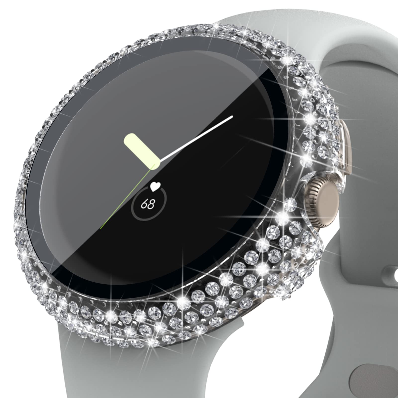 Wugongyan Case Compatible with Google Pixel Watch Screen Protector Case Hard PC Full Bling Rhinestone All-Around Protective Cover Built-in Tempered Glass Film Accessories (Clear)（新加坡同城商品）