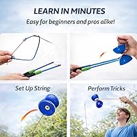 Vista 9 de Yoyo Diabolo de triple rodamiento Flight Pro, mediano 5 pulgadas azul. Juguete con palos de carbono