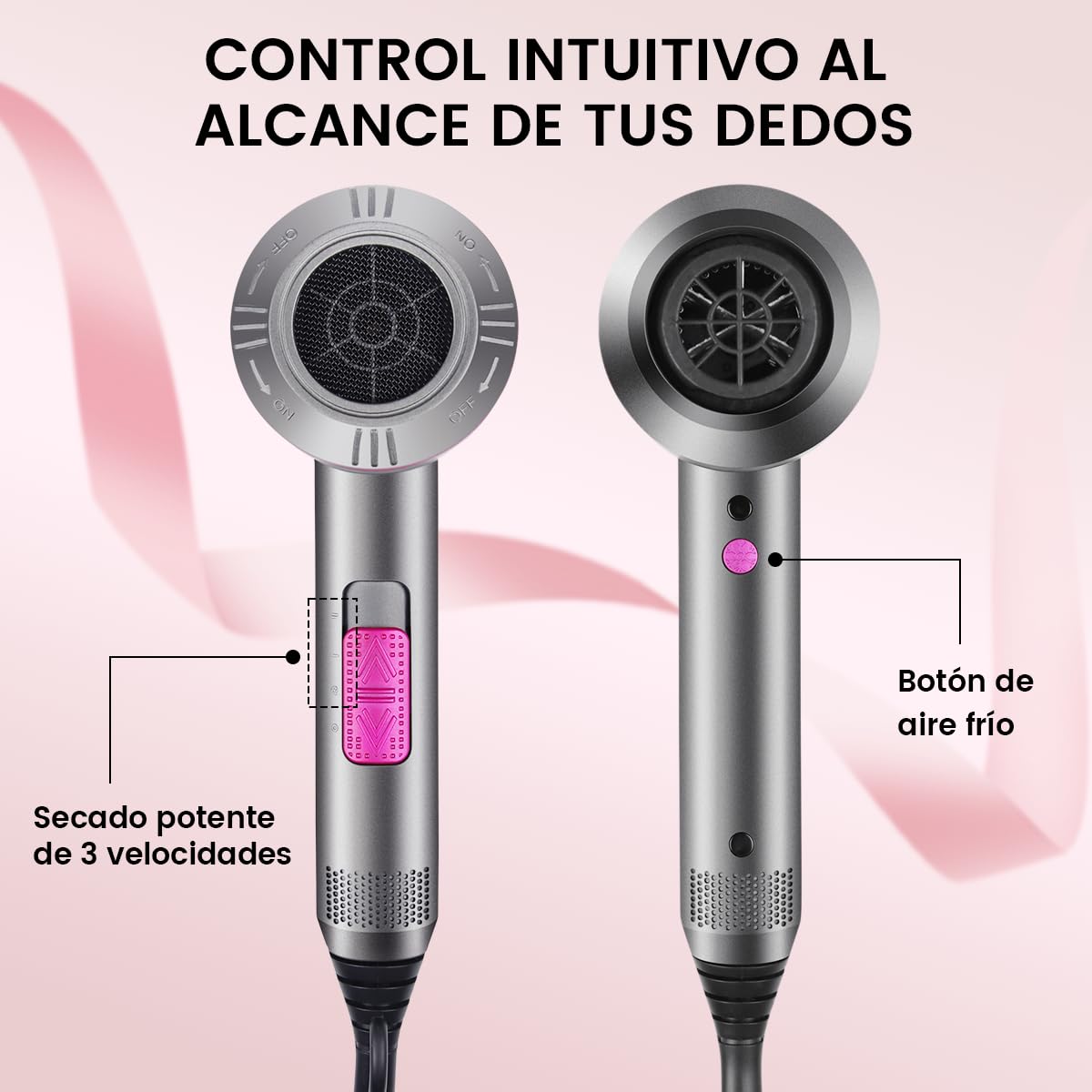 Secador de Pelo Iónico Profesional, Hair Dryer Negativos Portátil, con 3 Temperaturas 2 Velocidades, Botón de Aire Frío, Incluye 1 Difusor y 2 Concentradores