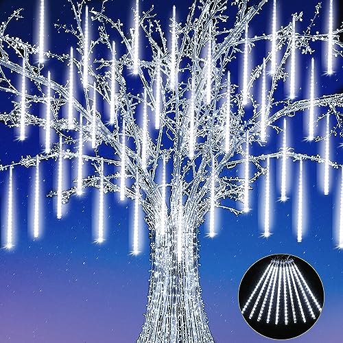 JJGoo Christmas Meteor Shower Rain Lights, 10 Tube 12 Inch 240 LEDs Icicle Outdoor Raindrop for Xmas Halloween Wedding Party Tree Holiday Decoration, White