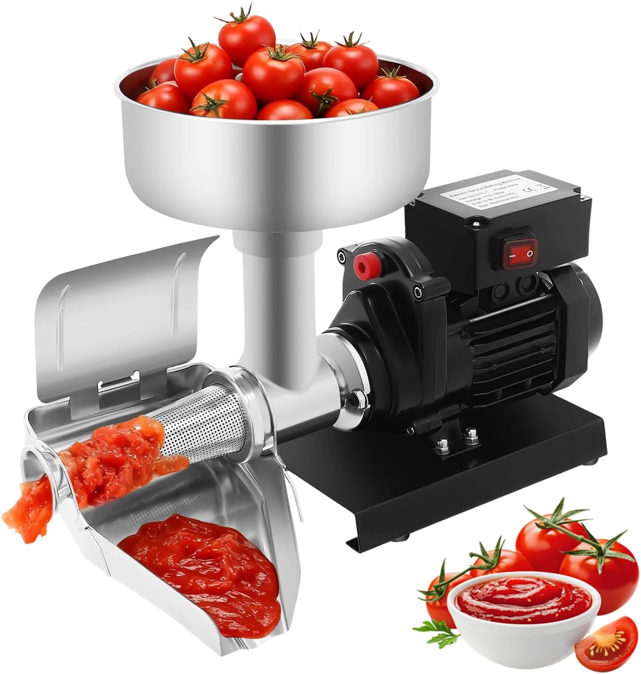Passaverdure elettrico per pomodori da 450 W, professionale, in acciaio inox, ideale per salse, con imbuto grande e facile da pulire.