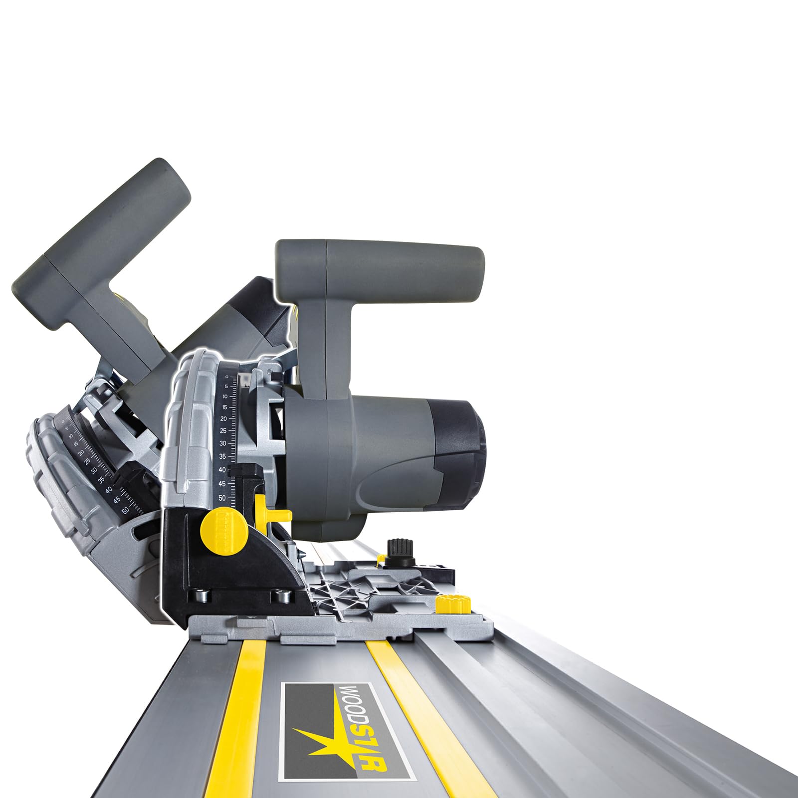 Woodster Tauchsäge Divar55 Handkreissäge inkl. 2x 700mm Führungsschiene | 55mm Schnitttiefe | 1200W Leistung | Sägeblatt Ø 160mm / 24Z | Schrägstellung 0-45° | inkl. Schienenverbinder & Kippschutz