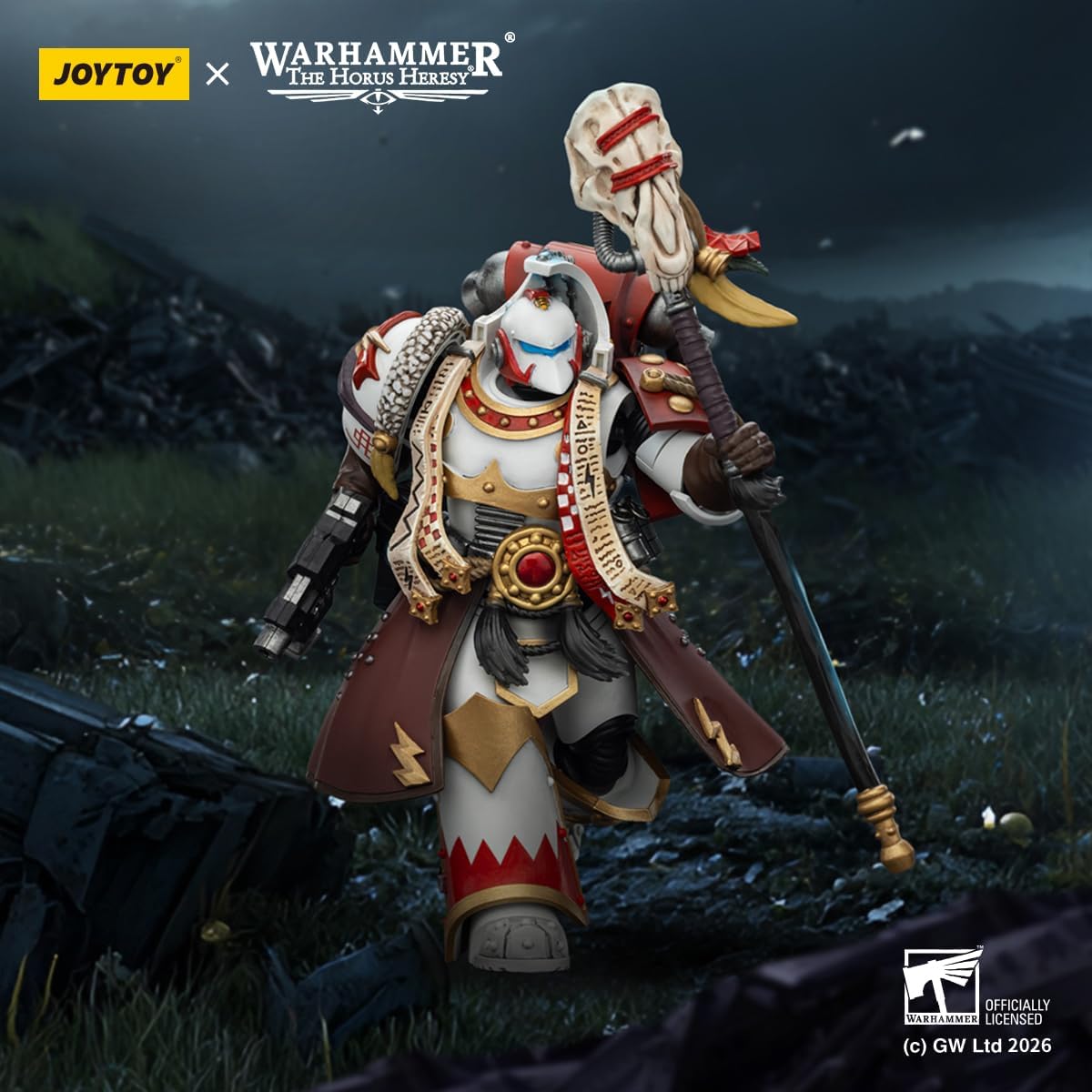JOYTOY White Scars Warhammer 40k 1/18 Action Figure White Scars Stormseer Consul with Force Staff and Bolt Pistol Collectible Gifts,Toys for Kids 15+ and Adults 4.84-inch