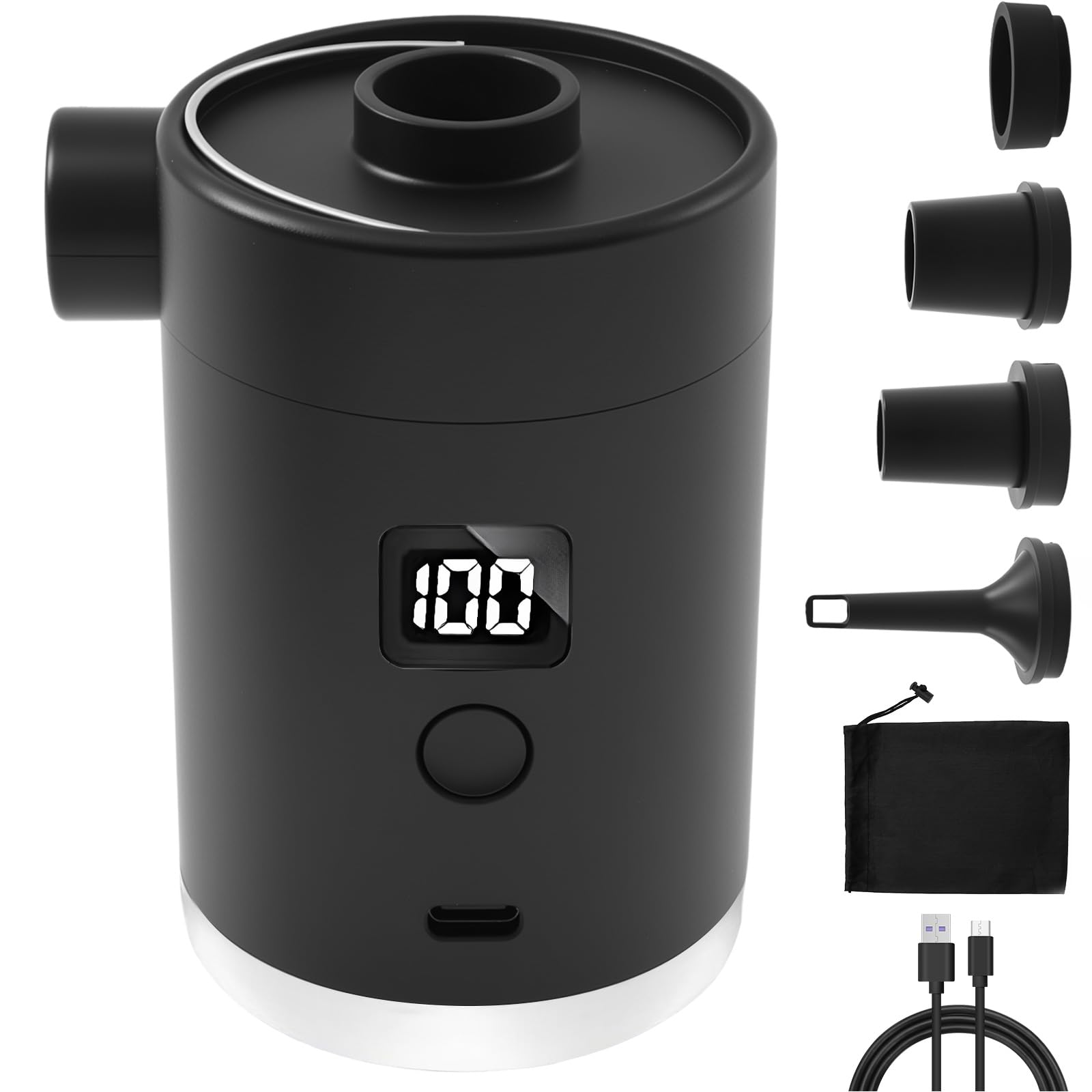 KTCINA Electric Air Pump with 4 Nozzles, 3600mAh Mini Air Mattress Pump with Digital Power Display USB Rechargeable Camping Electric Pumps for Inflatables Beds Sofas Mattresses Swim Rings(Black)