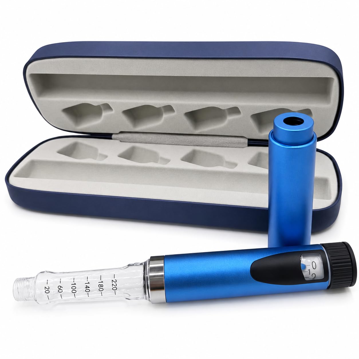Inyector reutilizable de insulina/péptido con estuche de viaje rígido, compatible con cartuchos estándar de 3 ml, kit compacto y portátil (azul)