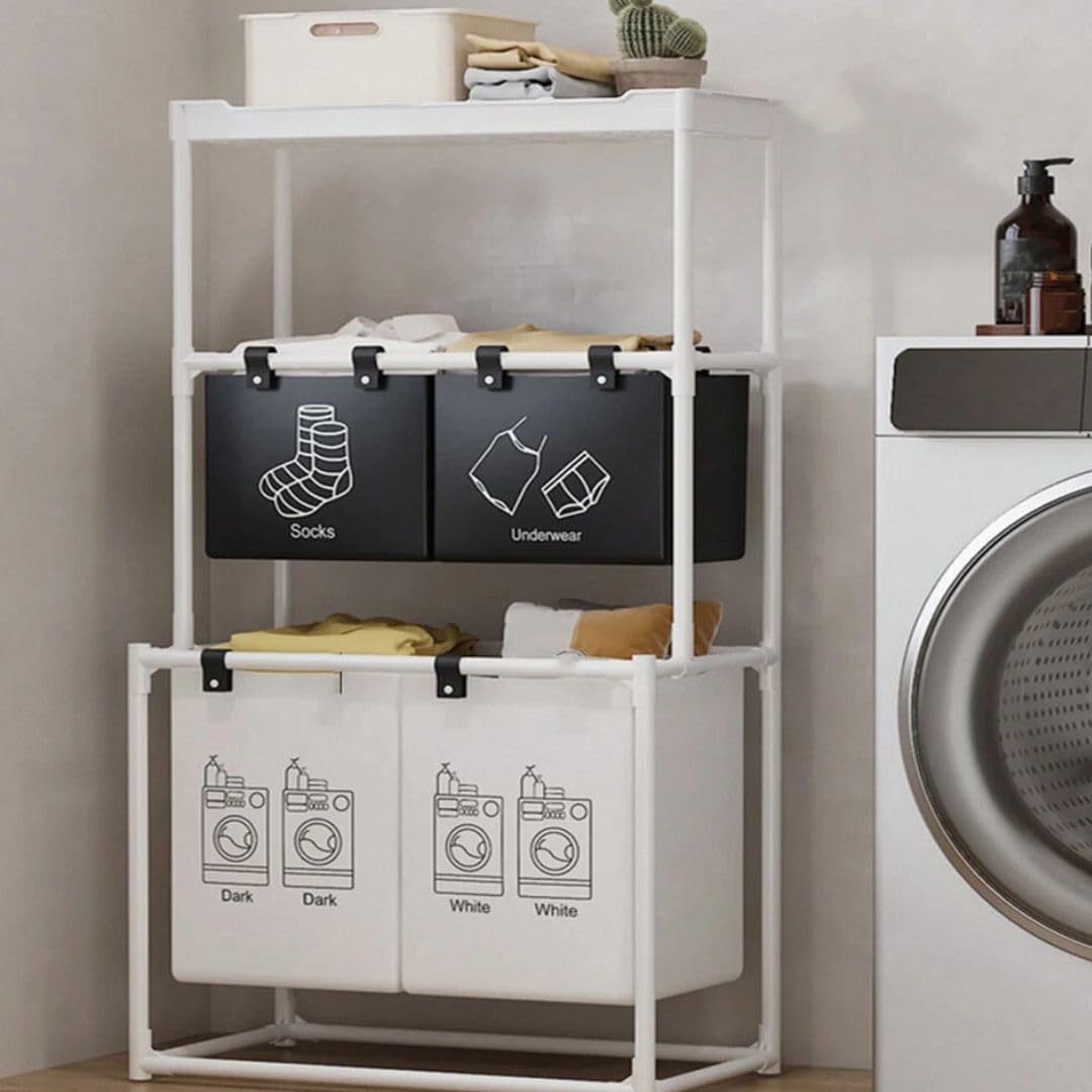 Cesta da lavanderia a 3 livelli – Organizzatore indipendente con 4 contenitori di grande capacità (44x31x97 cm)
