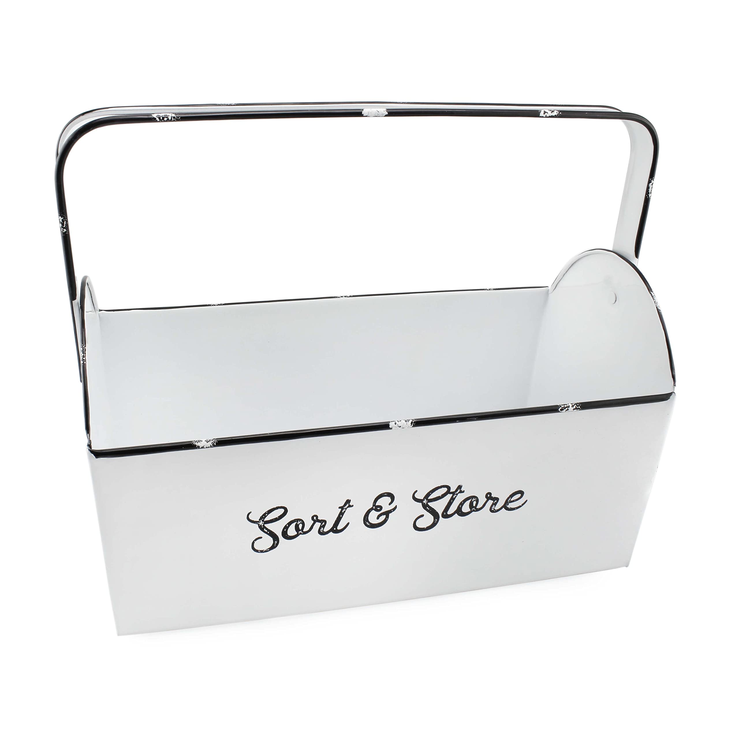 AuldHome DesignEnamelware Rustic Caddy with Handle, Distressed White Farmhouse Sort and Store Carryall