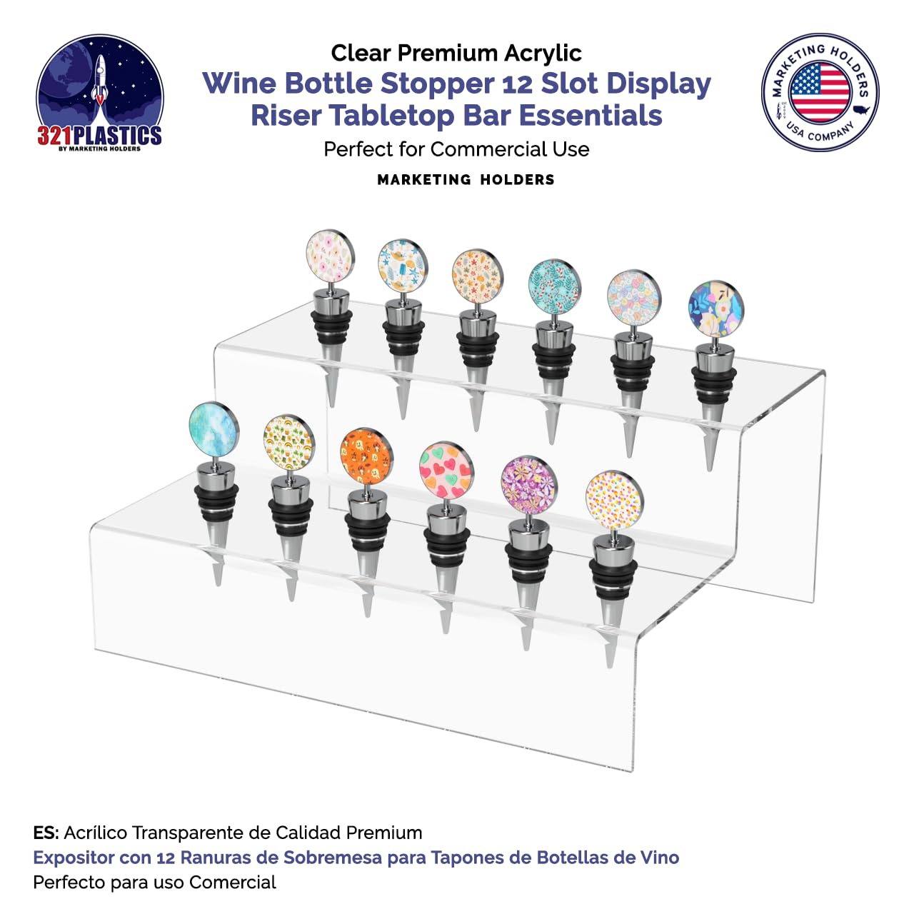 Marketing Holders Wine Bottle Topper Liquor Pourer Display Stand 12 Slot Rack .75 Inch Wide Holes Premium Clear Acrylic 2 Tier Riser 11.75 Inch Wide by 4.75 Inch Deep Retail Countertop Showcase