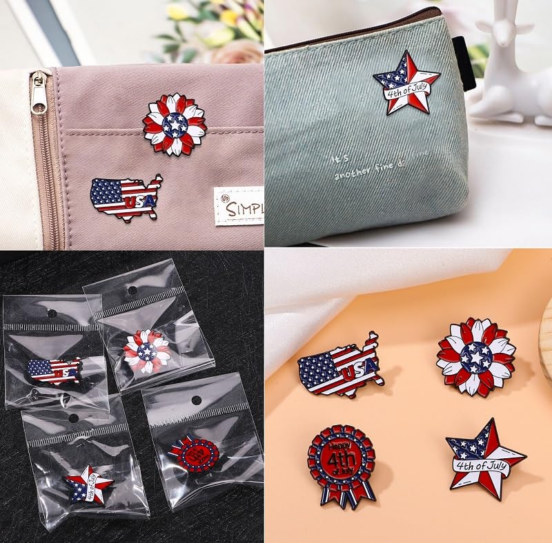 Image of 4th of July Enamel Brooches Set for Women Men USA American Flag Star Firework Patriotic Lapel Pins Red White Blue Waving for Veterans Independence Memorial Day Decor Gifts-4PCS