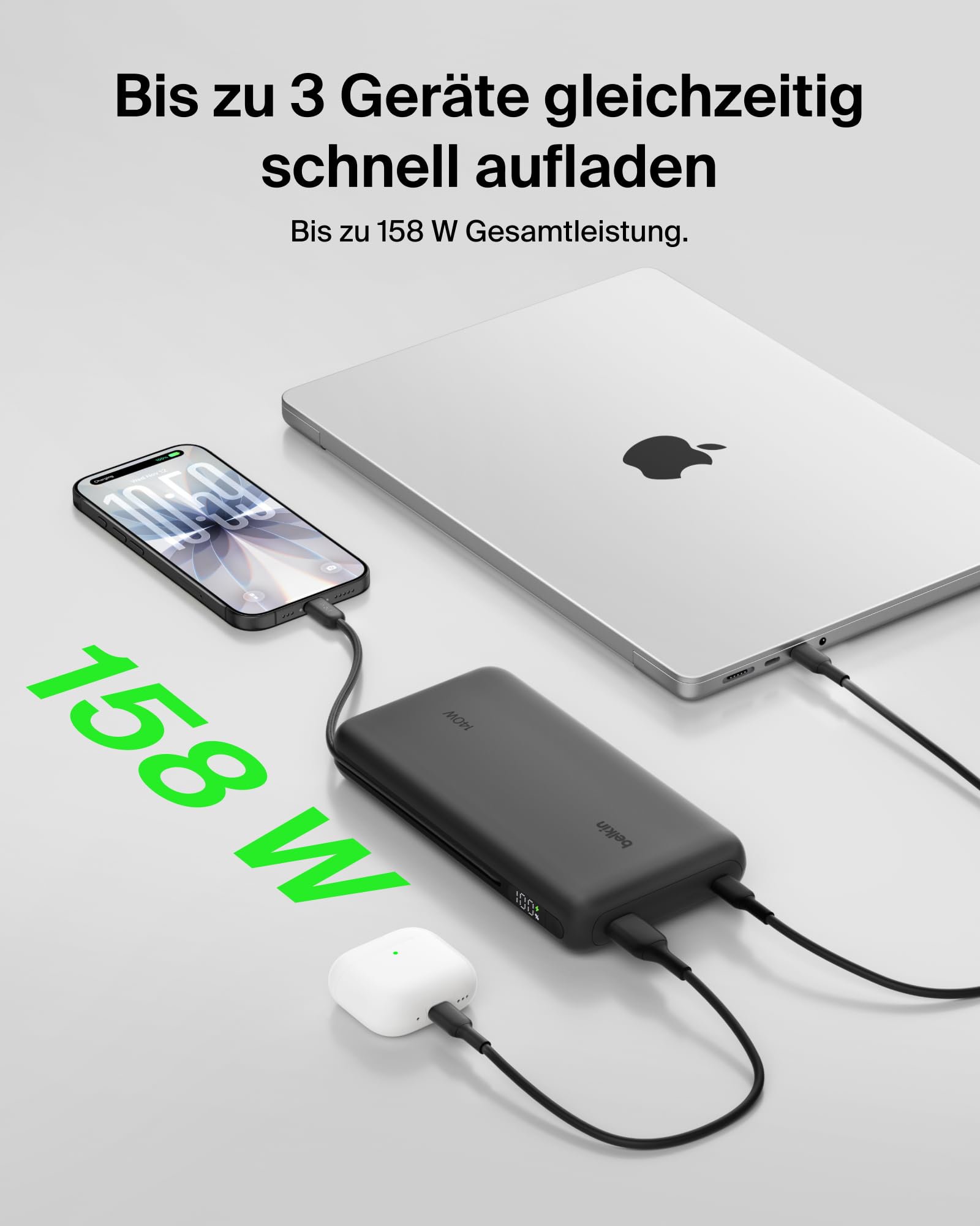 Belkin UltraCharge Pro 25000mAh Power Bank Laptop, Schnellladen – Schwarz | 25K Powerbank, 1 USB-C-Port + Kabel, 1 USB-A-Port, 158W Akkupack mit Power Delivery, Bereits Aufgeladen, Digitalanzeige