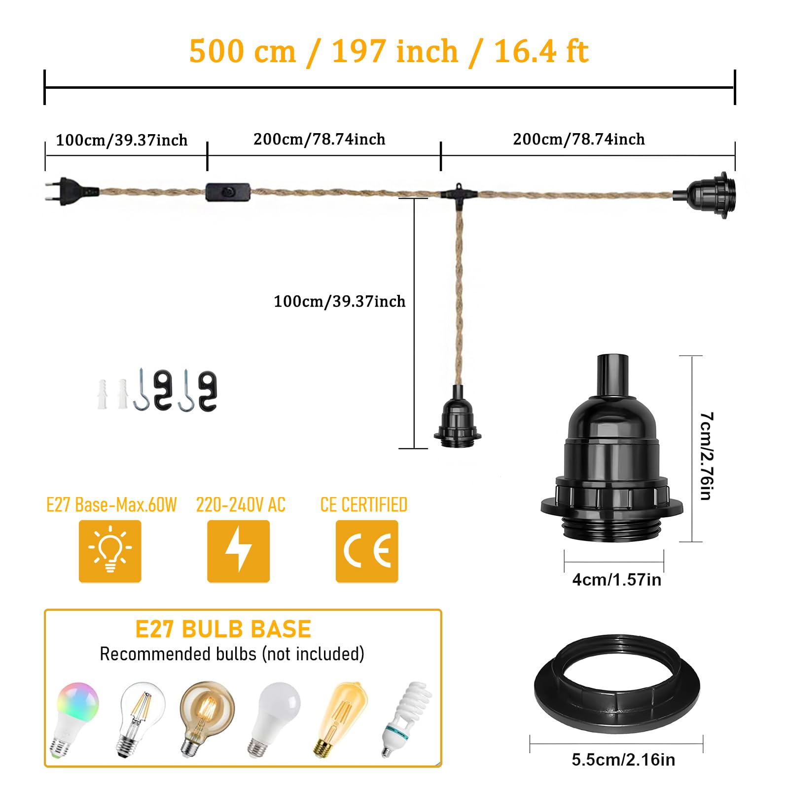 Hanfseil Pendelleuchte mit Stecker 2 Flammig E27 Fassung mit 6M Textilkabel Pendellampe Kit mit Schalten und Eu Stecken Vintage Seil Lampe DIY Hängeleuchte für Esszimmer Schlafzimmer