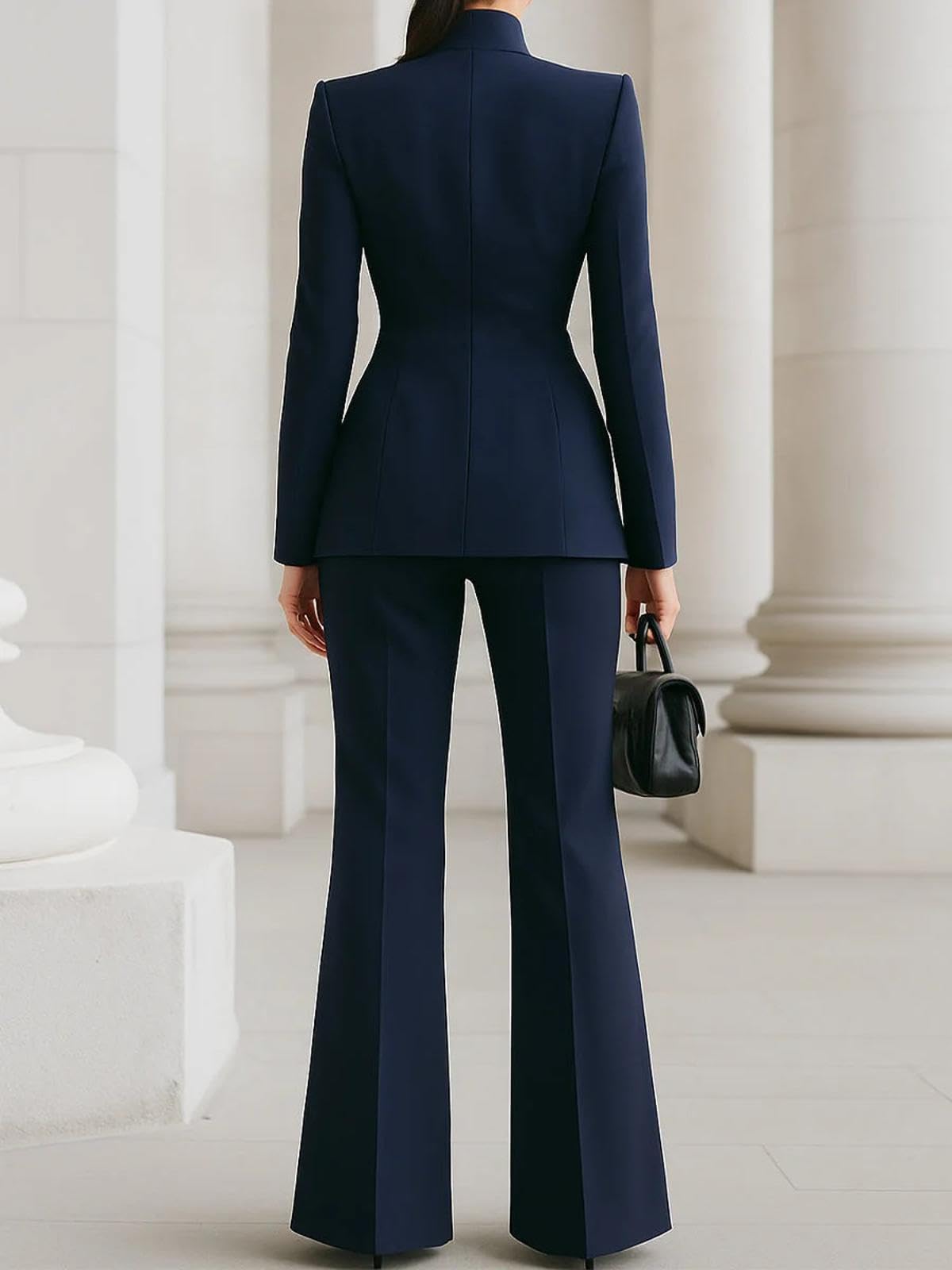 Conjunto De Traje De Temperamento Femenino: Blazer De Corte Entallado con Cuello Alto y Pantalones De Pierna Recta, Set De 2 Piezas