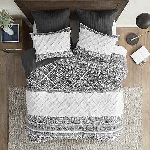 Image of Ink+Ivy Queen Comforter Set, Chic Chevron Chenille Tufting, Boho Comforters, All Season, Lightweight Cotton Comforter Bedding, 2 Shams, Mila, Full Grey 3 Piece