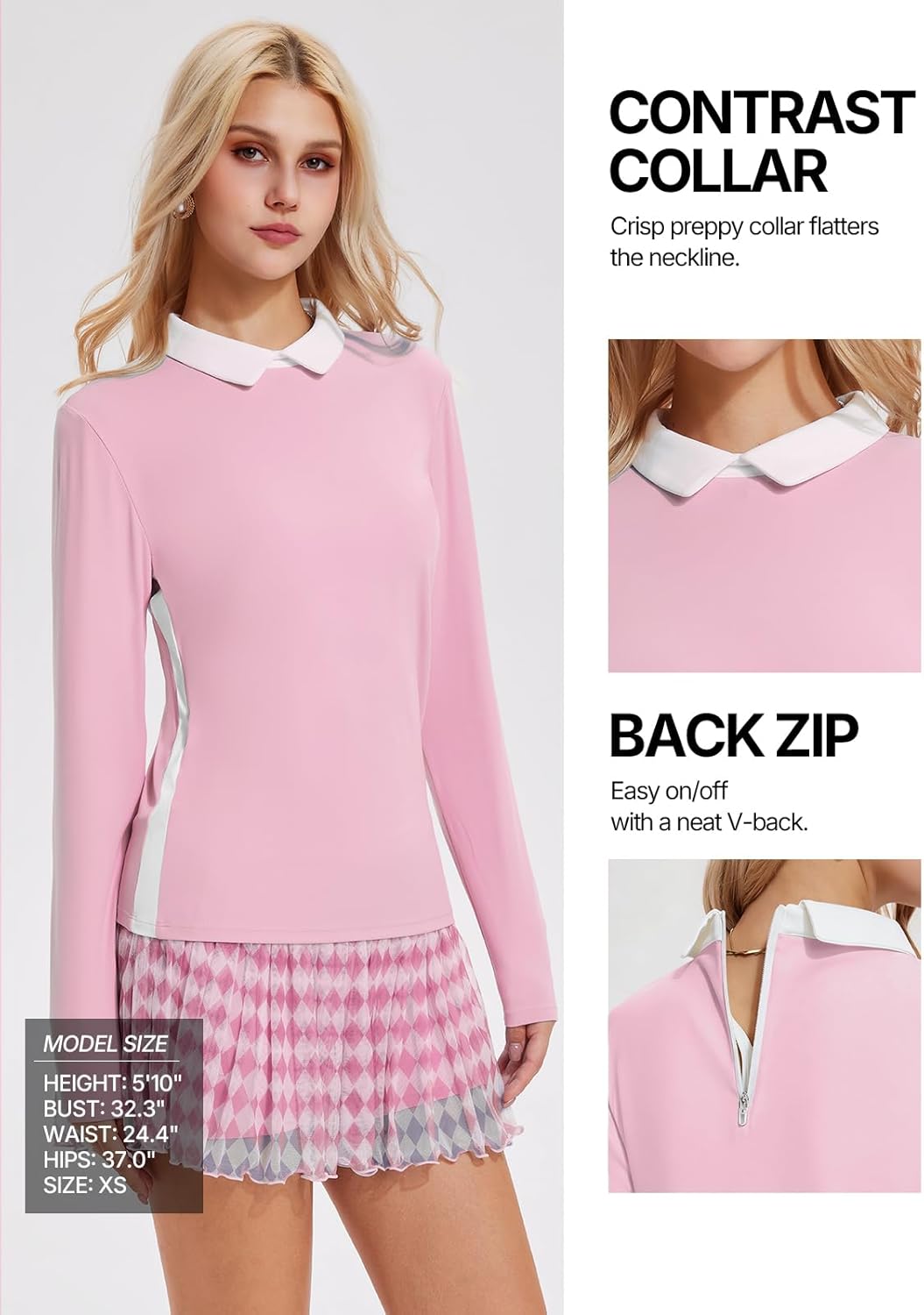 Women's 2 Piece Tennis Skirt Set Long Sleeve Color Block Collared Top & Pleated Skort with 4 Pockets Golf Pickleball Athletic - Image 4