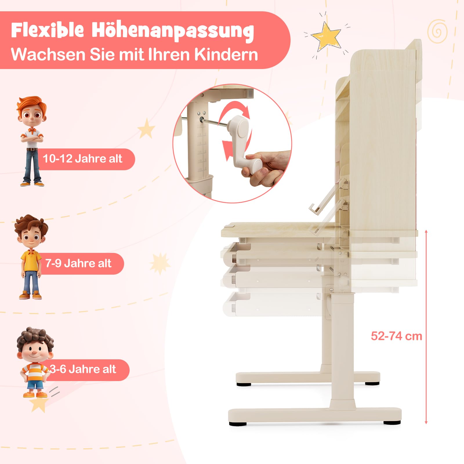 COSTWAY Biurko dla dzieci, 52-74 cm, z regulacją wysokości, z pochylanym blatem, stół dziecięcy z regałem, szufladą i stojakiem na książki, biurko dla dzieci od 3 lat (różowe)
