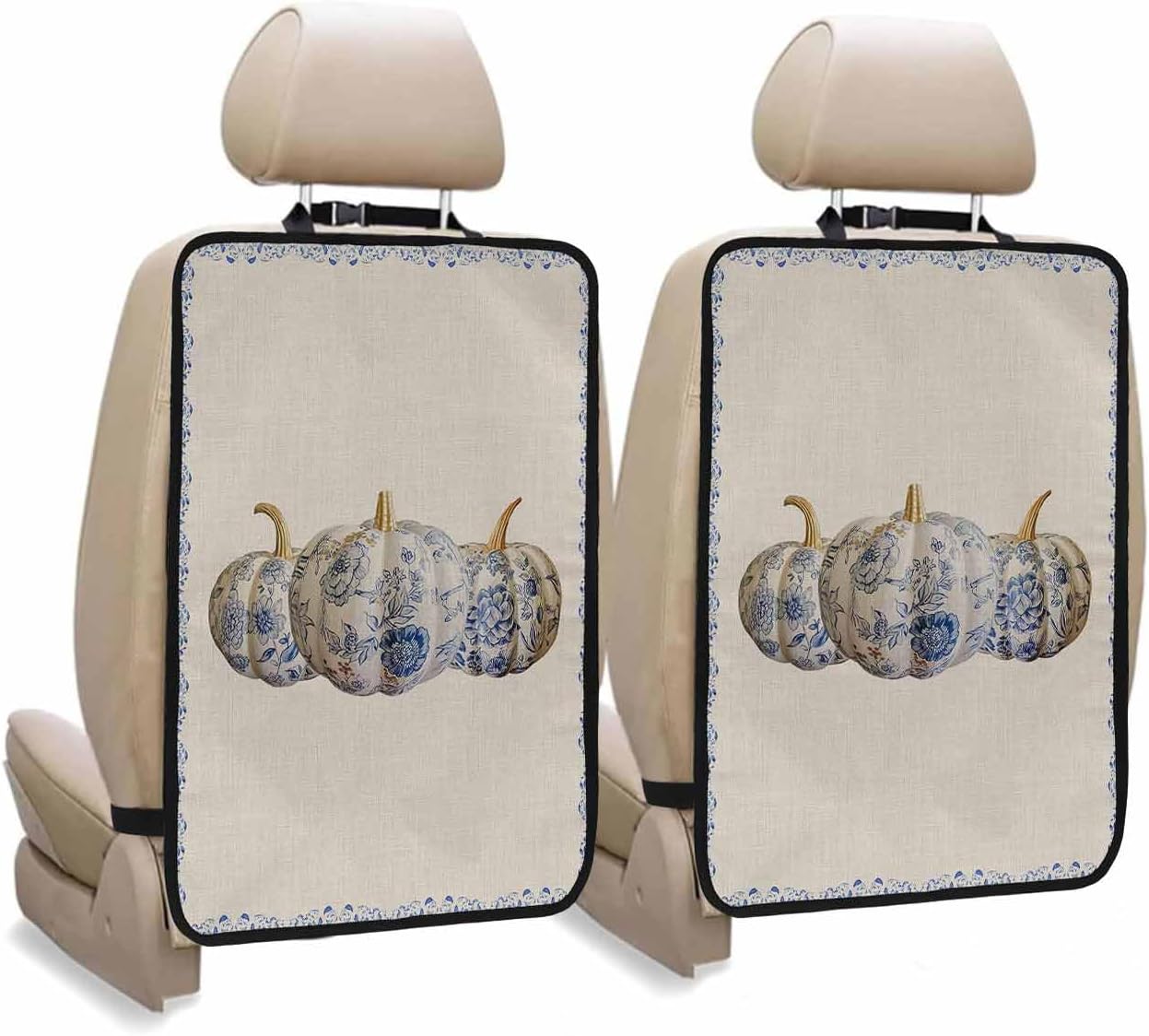 Car Seat Protector, 2 Pack Kick Mats Back Seat Protector Fall Thanksgiving Pumpkin with Floral Vintage Blue and White Porcelain Backseat Cover for Universal Fit Automotive Interior Protectors