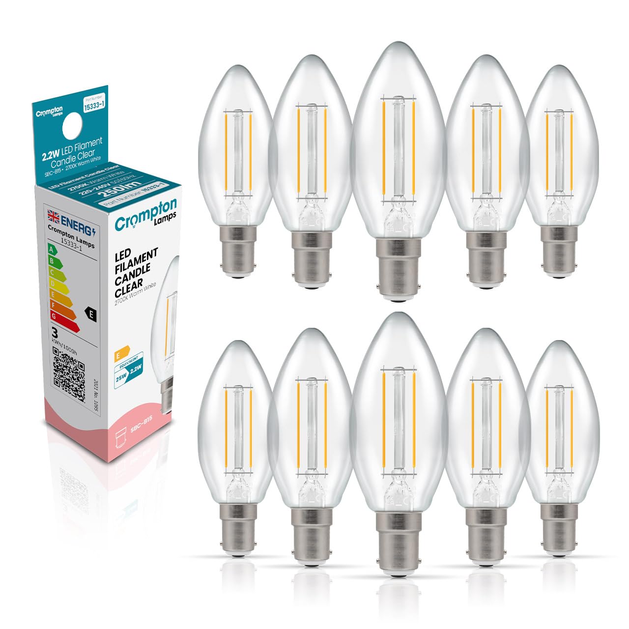 Crompton Lamps Filament Candle LED Light Bulb SBC-B15d | 2.2W = 25W Equivalent | Warm White 2700K | Energy Efficient | Small Bayonet Lightbulb | Long Life 15000-Hrs | Clear Glass | Dimmable | 10-Pack