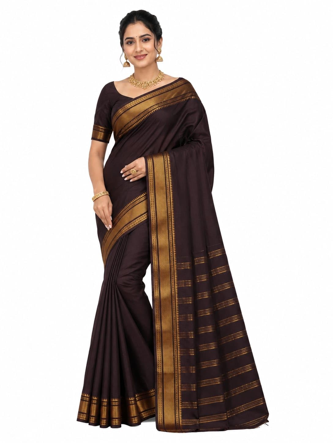 Kanchi Cotton Saree with Blouse Piece for Women | Handloom Cotton Saree | Coffee Brown Color with Traditional Zari Border | Soft & Comfortable Ethnic Wear-picture-38