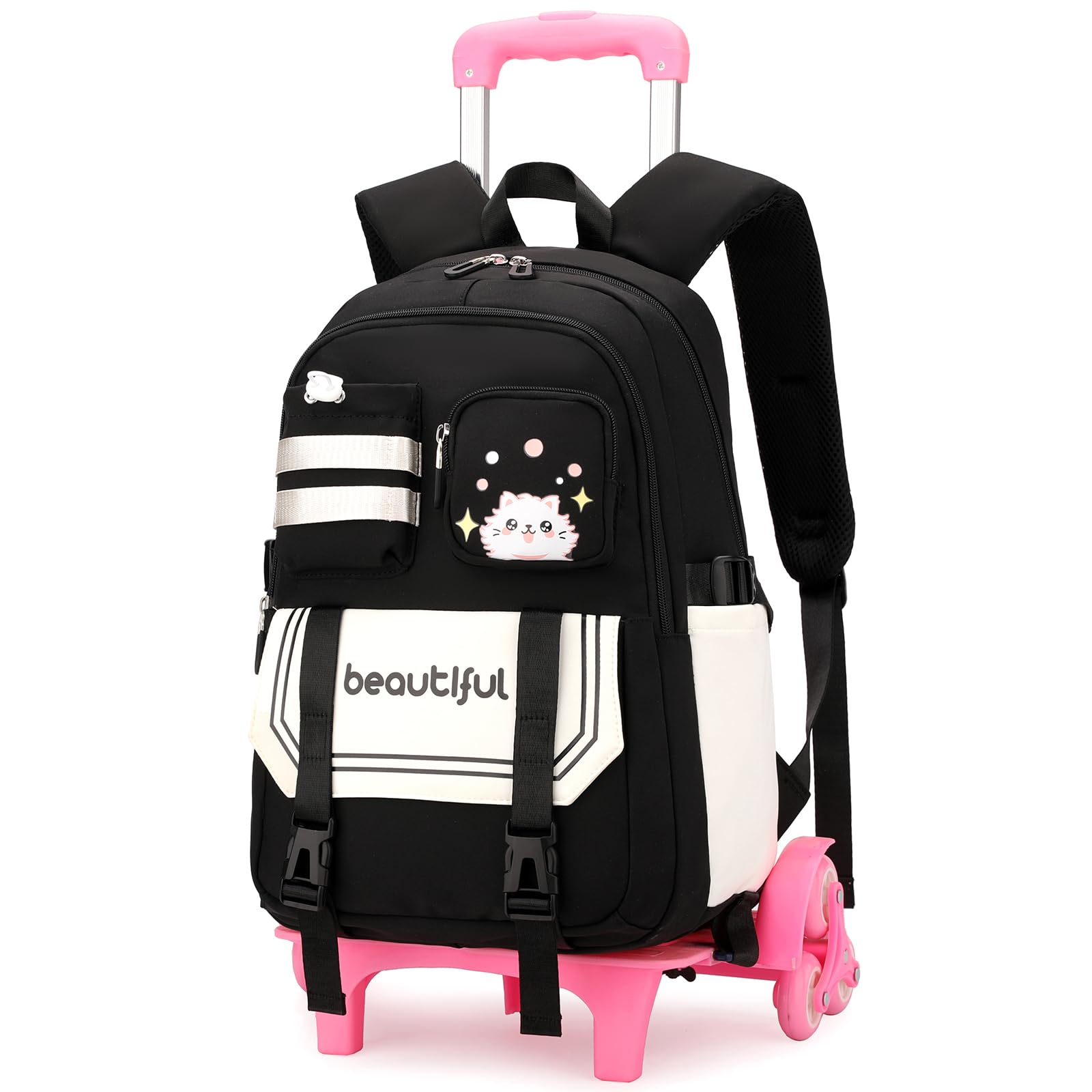 Amythe Mochila Escolar con 6 Ruedas para Niñas 9 a 16 años, Negro | 28L Mochila Colegio Chicas de Primaria y Secundaria, Vuelta al cole, Carro Mochilas de Viaje Casual para Adolescentes