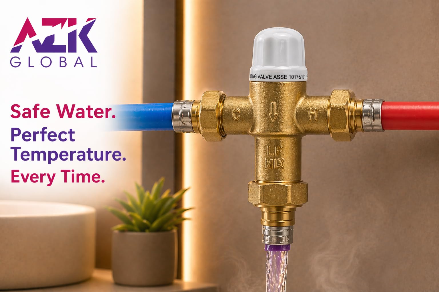 Válvula mezcladora termostática (TMV) F1807-PEX de 3/10.2 cm con control preciso de la temperatura del agua. Certificado ASSE, UPC y NSF. Caudal máximo de 12 GPM. Aplicaciones residenciales