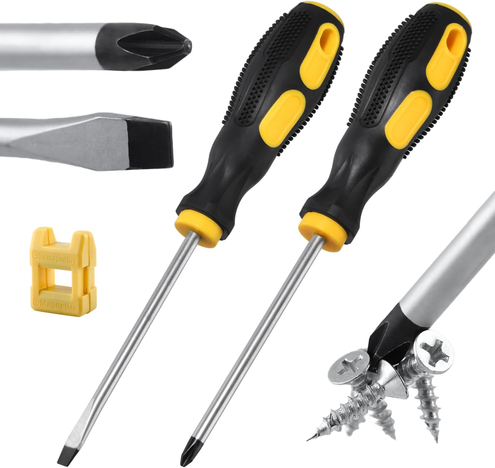2 Pieces 4" Screwdriver Set Slotted and Phillips Screwdrivers, Flat Head and Cross-Head Screwdriver, Magnetic Screwdrivers with Magnetizer Demagnetizer, Non-Slip Handles