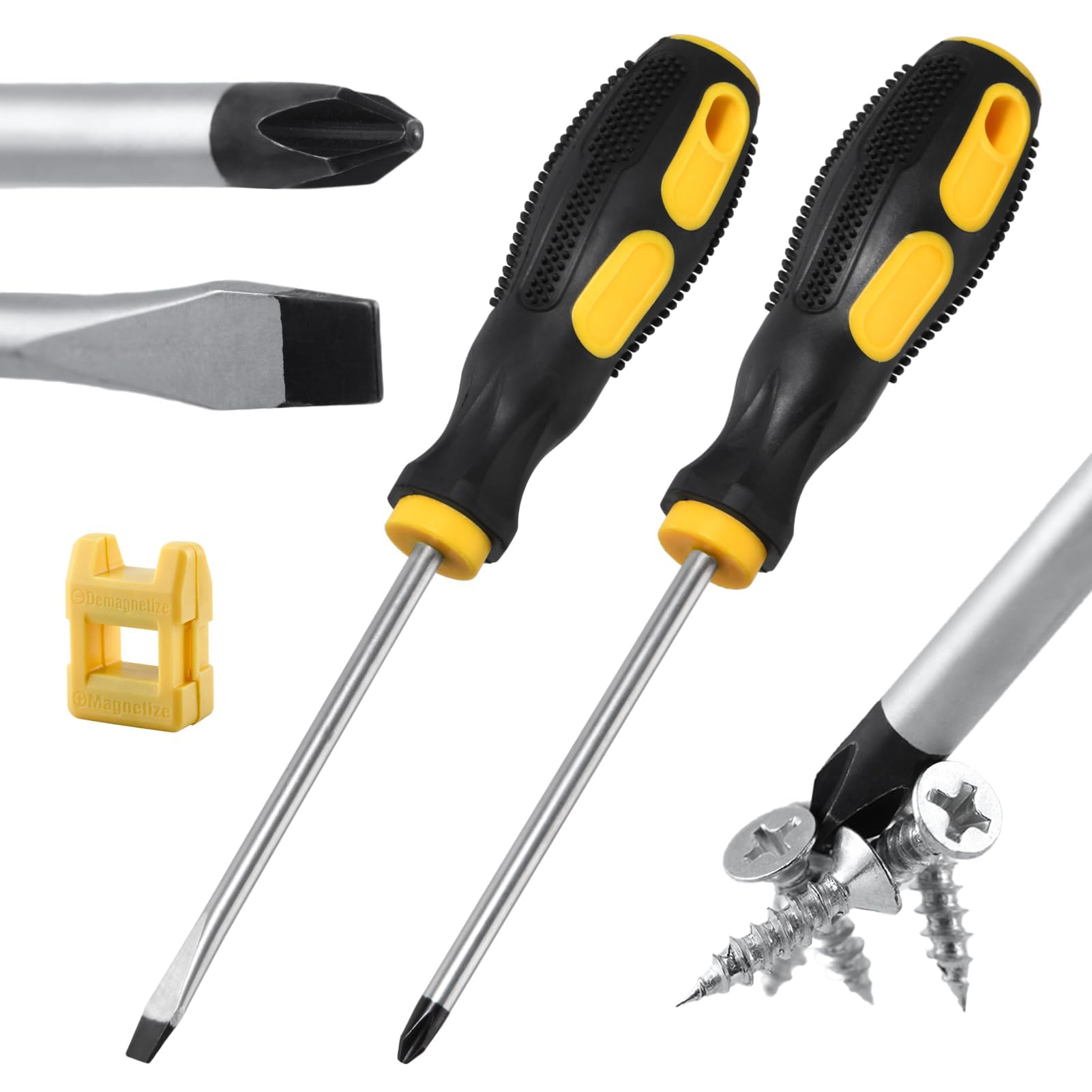 LEONTOOL 2 Pieces 4" Screwdriver Set Slotted and Phillips Screwdrivers, Flat Head and Cross-Head Screwdriver, Magnetic Screwdrivers with Magnetizer Demagnetizer, Non-Slip Handles