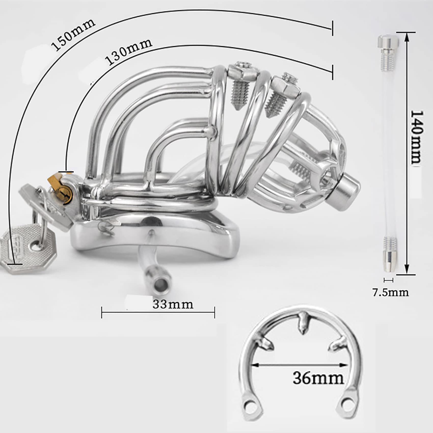 Peniskäfig Groß Herren Edelstahl Keuschheitsgürtel Mit Nägeln & CBT-Spikes Ring & Harnröhren Dilator & Gürtel Chastity Cage Male Metall Keuschheitskäfig Cock Cage Sexspielzeug,Gebogen,50mm