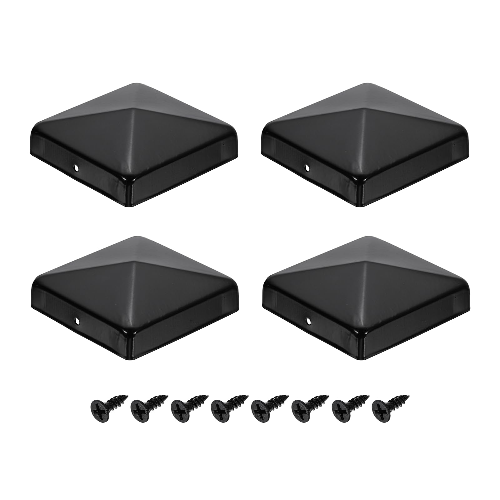sourcing map 4Pcs Fence Post Caps, 90mm/3.54-inch Square Column Cap, Waterproof Iron Pyramid Post Cap Cover with Screws Fit for Metal Wood Fence Deck Mailbox Patio, Black