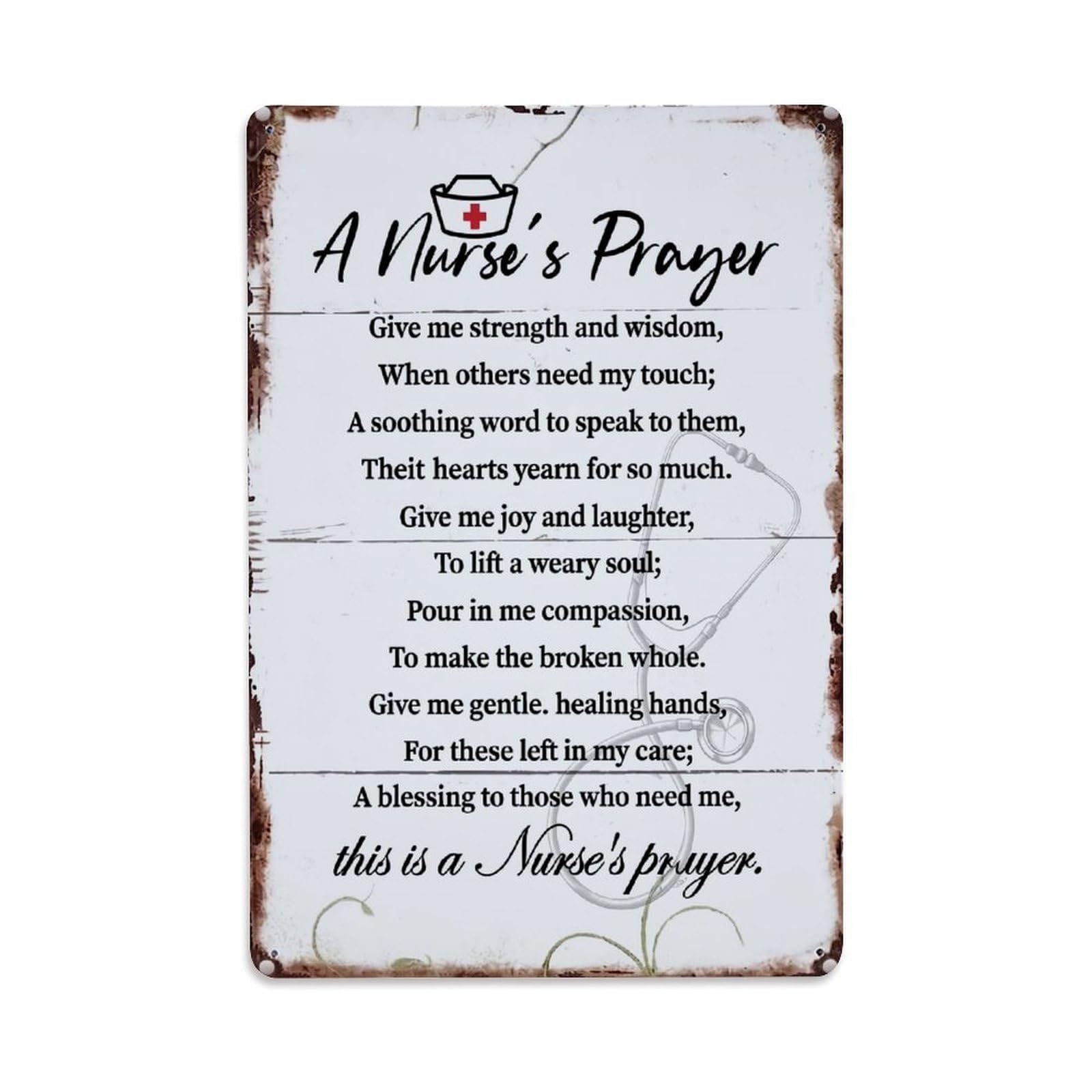 Nurse Hat Stethoscope Prayer Text Retro Metal Tin Sign, Vintage Decor Art Poster for Bar, Home, Man Cave, Kitchen, Laundry Room Gift 8x12Inch
