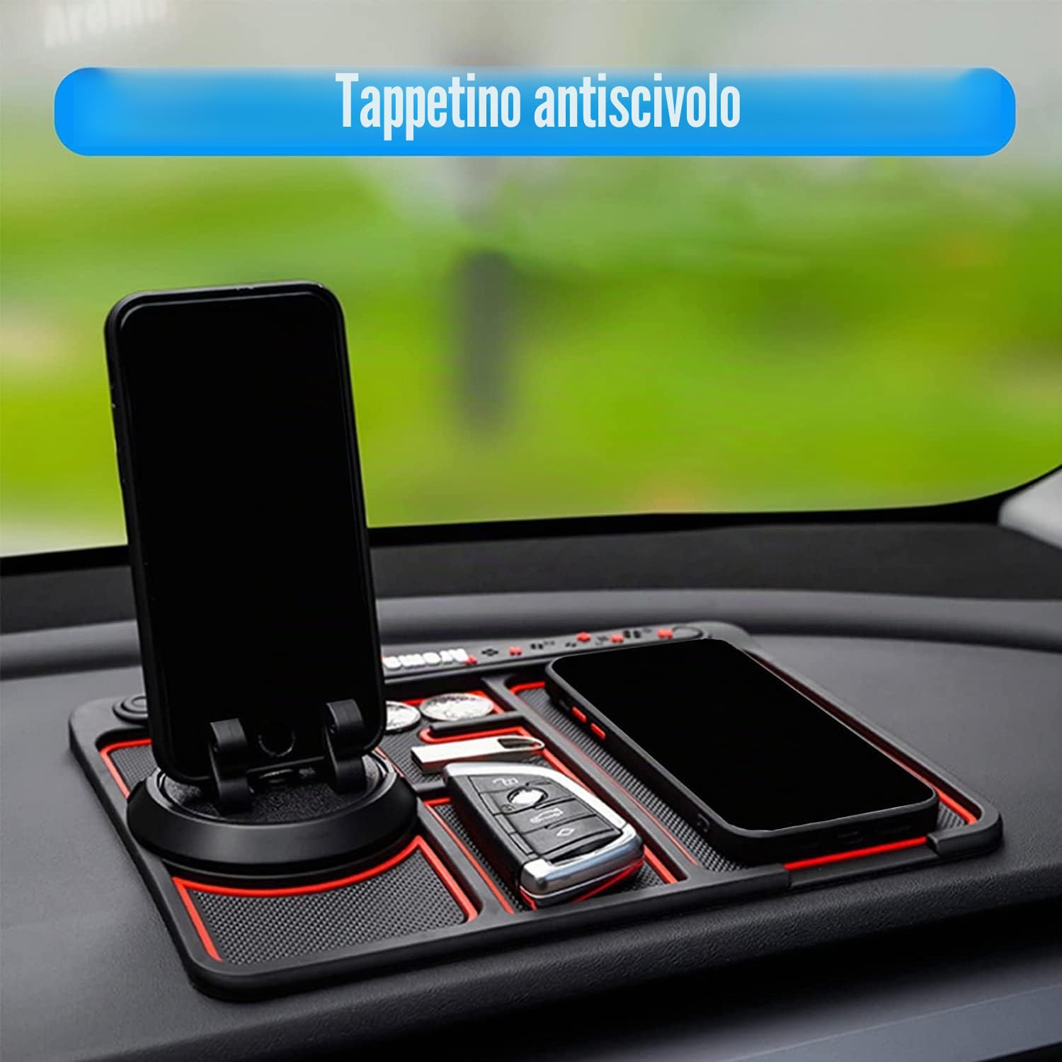 Tappetino per telefono antiscivolo per auto 4 in 1, tappetino per cruscotto auto, tappetino antiscivolo in silicone, tappetino antiscivolo per cruscotto auto multifunzionale, rotazione a 360 °