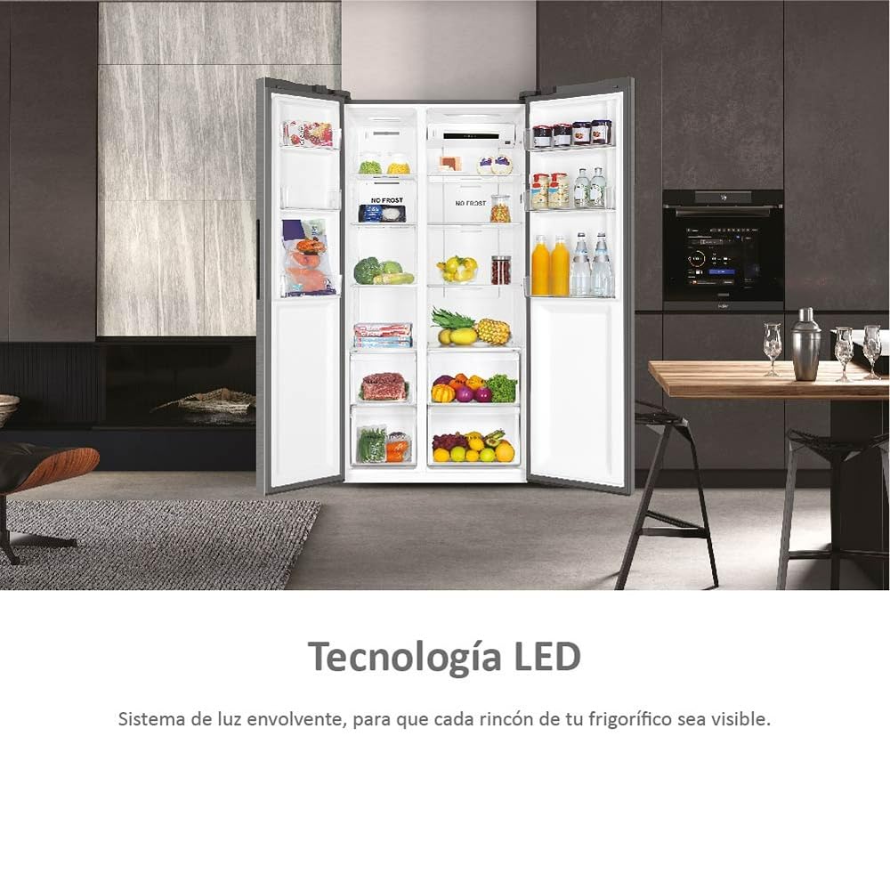 Haier SBS 90 Series 3 HSR3918ENPG - Frigorífico Side by Side, Americano, Apertura 90 grados, Tecnología Antibacterias, Capacidad XXL 528 L, Total No Frost, Clase E, Inox, Gris, 177,5 x 90,8 x 64,7 cm