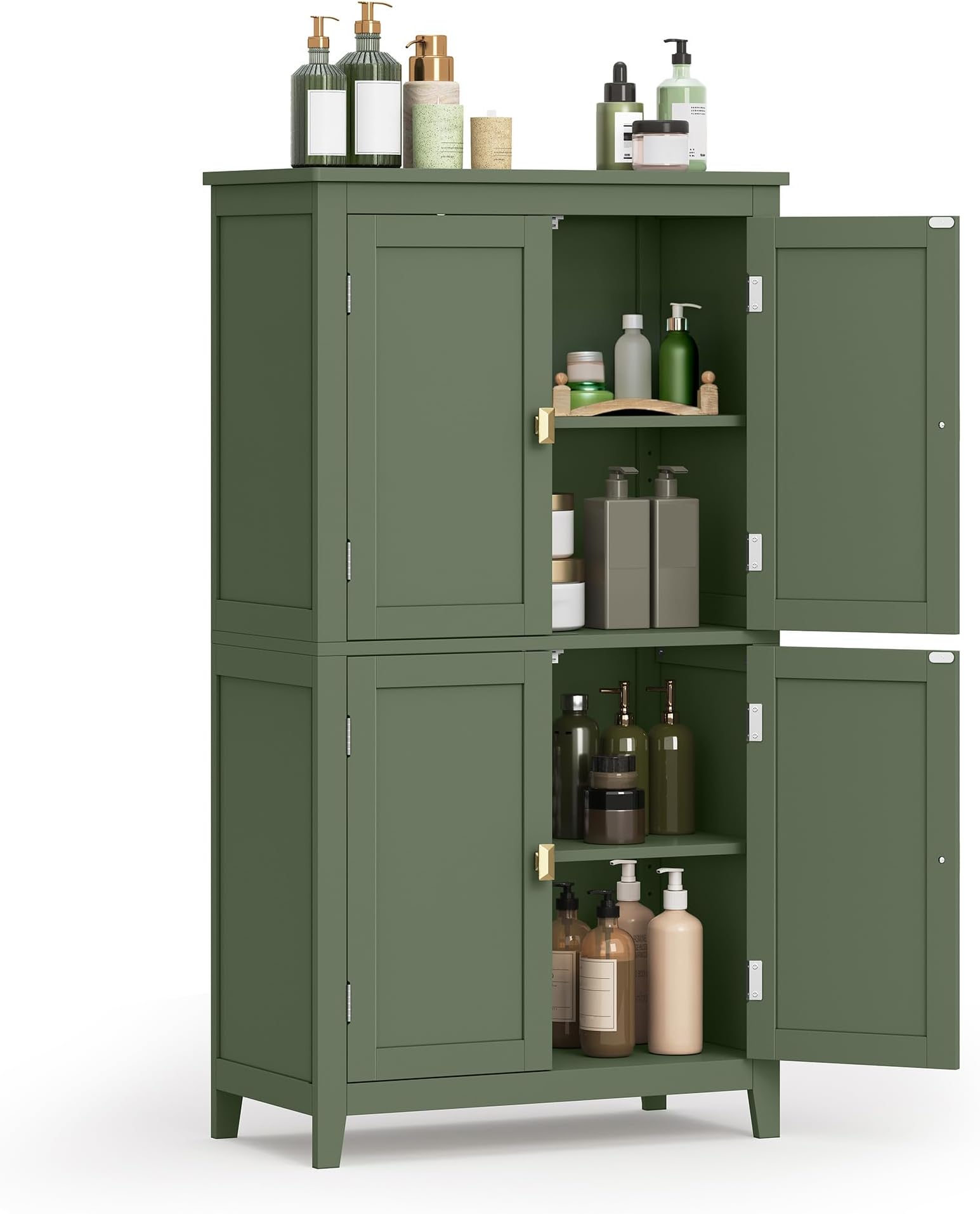 VASAGLE Floor Storage Cabinet, Freestanding Storage Unit with 4 Doors, Adjustable Shelves, 11.8 x 23.6 x 43.3 Inches, for Entryway, Bathroom, Forest Green UBBC552C01