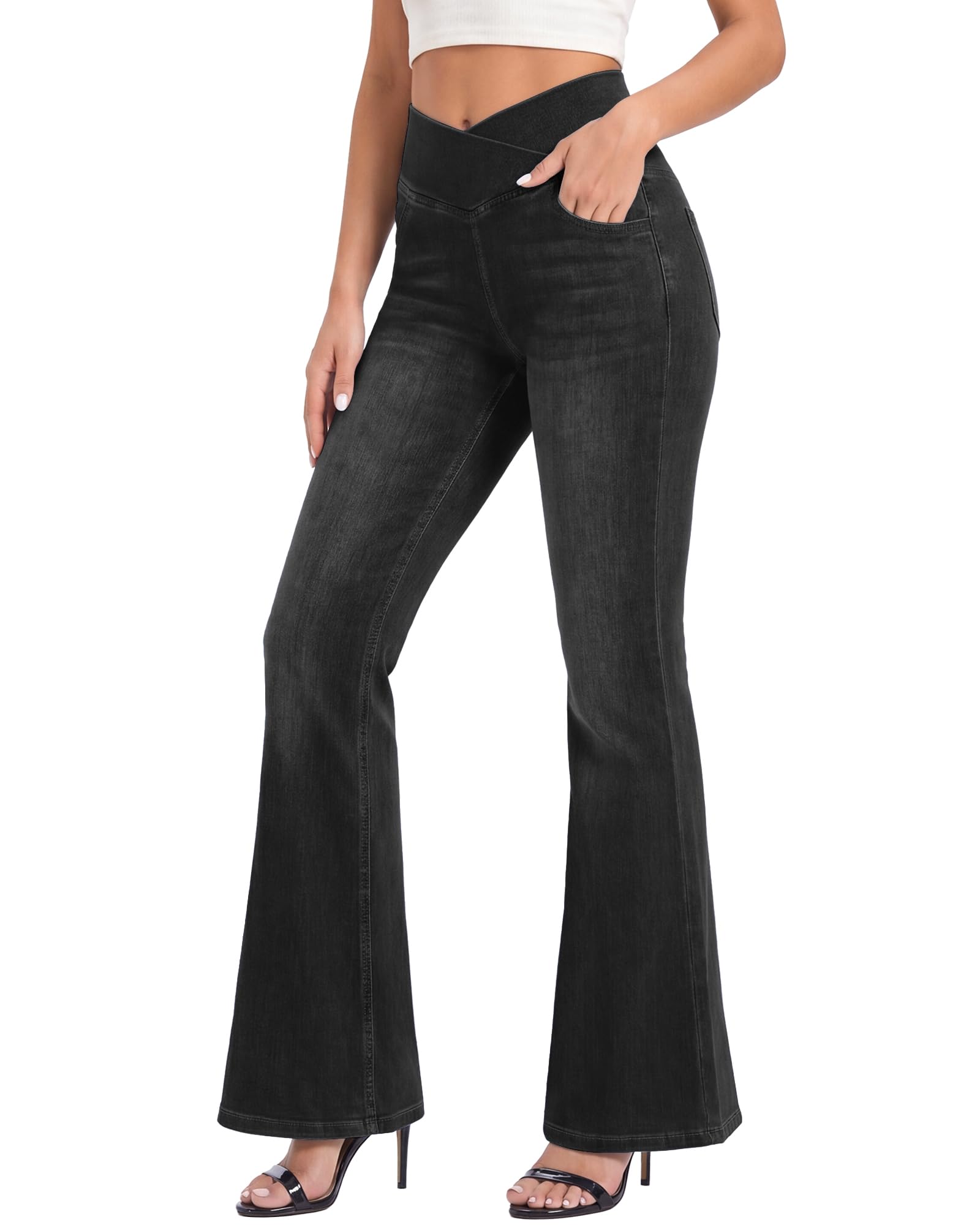 V Cross Bootcut Jeans Damen mit 4 Taschen, High Waist Schlaghose Damen Jeans Flared Jeans Hohe Leibhöhe Stretch Schlagjeans Ideal für Alltag Büro Party, Freizeit
