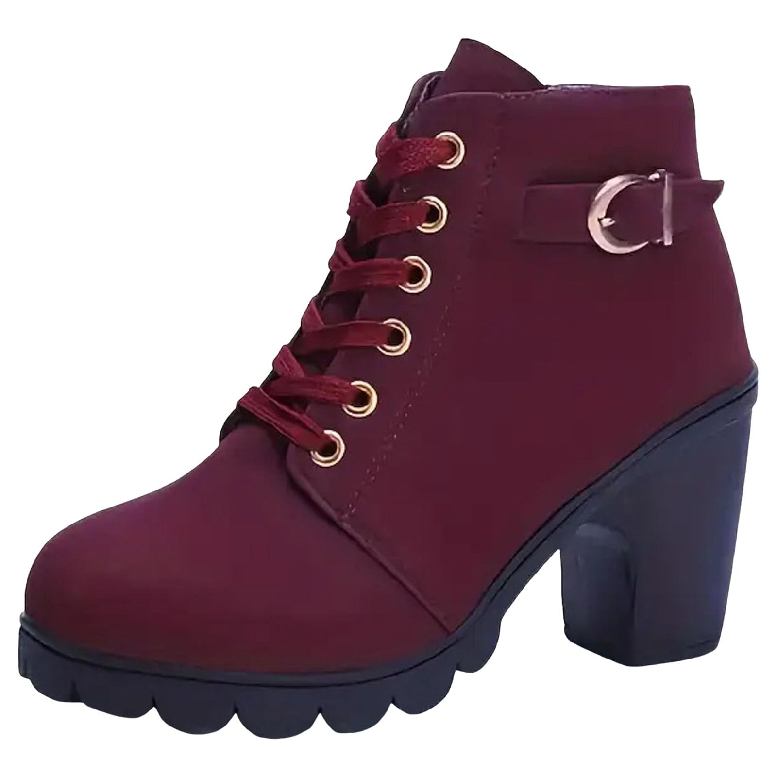 Womens Ankle Boots Thick Mid Heel Lace Up Round Toe Platform Ankle Booties Solid Versatile Comfortable Combat Boots