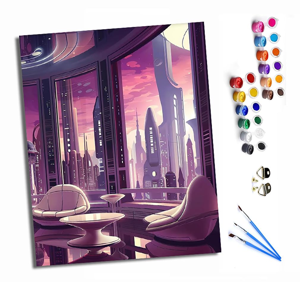 Paint by Numbers Kits for Adults Painting Kits for Beginners On Clear Symbols Colored Canvas Acrylic Pigment Drawing Paintwork for Home Wall Decor 16x20in with Frame Future Wind City Interior