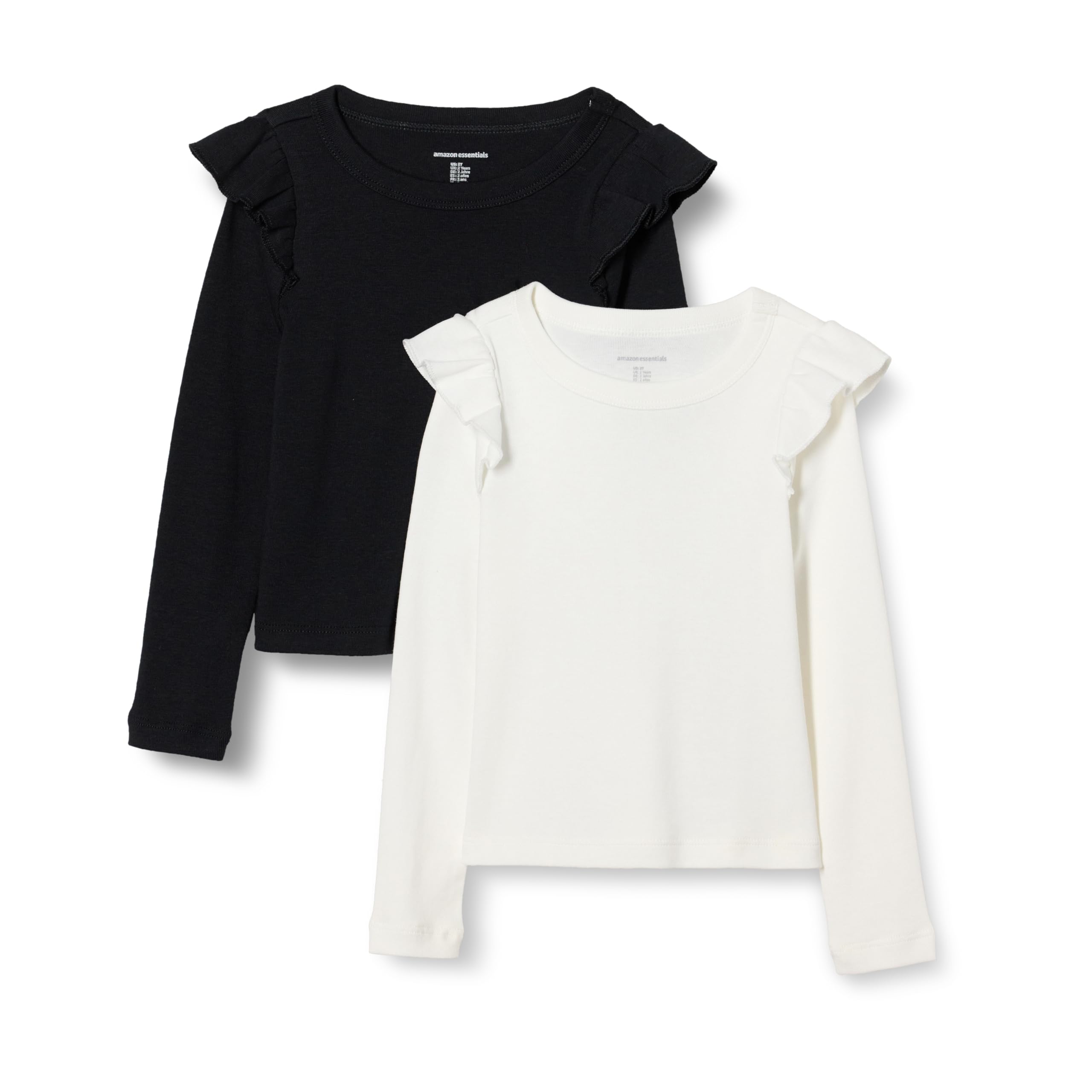 Amazon Essentials Girls' Long Sleeve Ruffle T-Shirt, Pack of 2, Black/Ivory, Medium