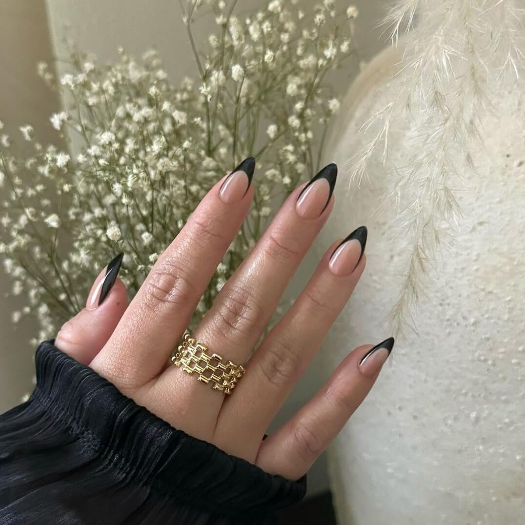 SXVME 30 Pcs Acrylic Press on Nails Short Almond, Black French Tip False Nails Short Pointed Stiletto