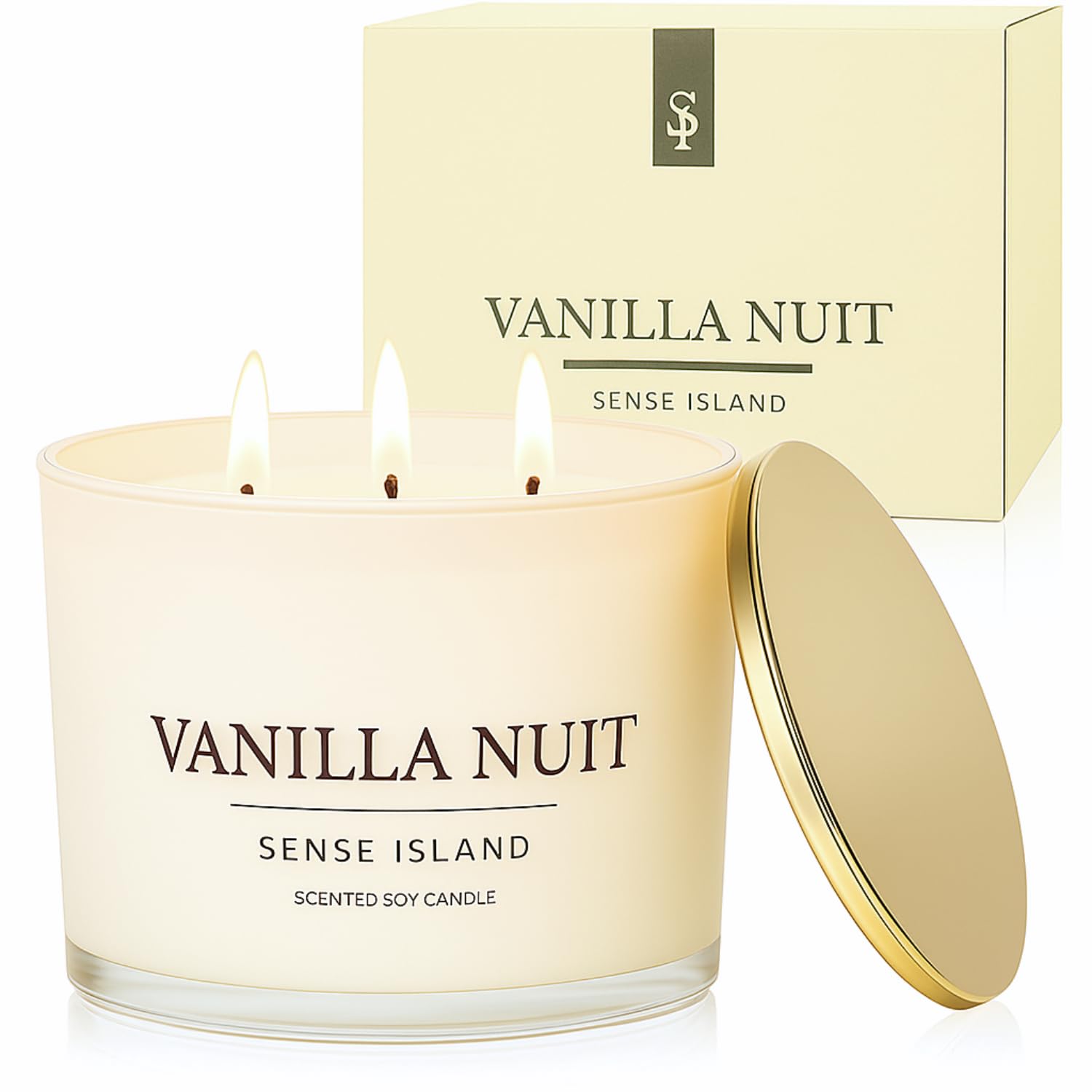 Vanilla Nuit 3 Wick Soy Candle – Large Creamy Vanilla Scented Candle for Home with Gold Lid & Beige Glass Vessal, Natural Soy Wax, Long Lasting Burn – Sensual Gourmand Fragrance, Luxury Gift for Women