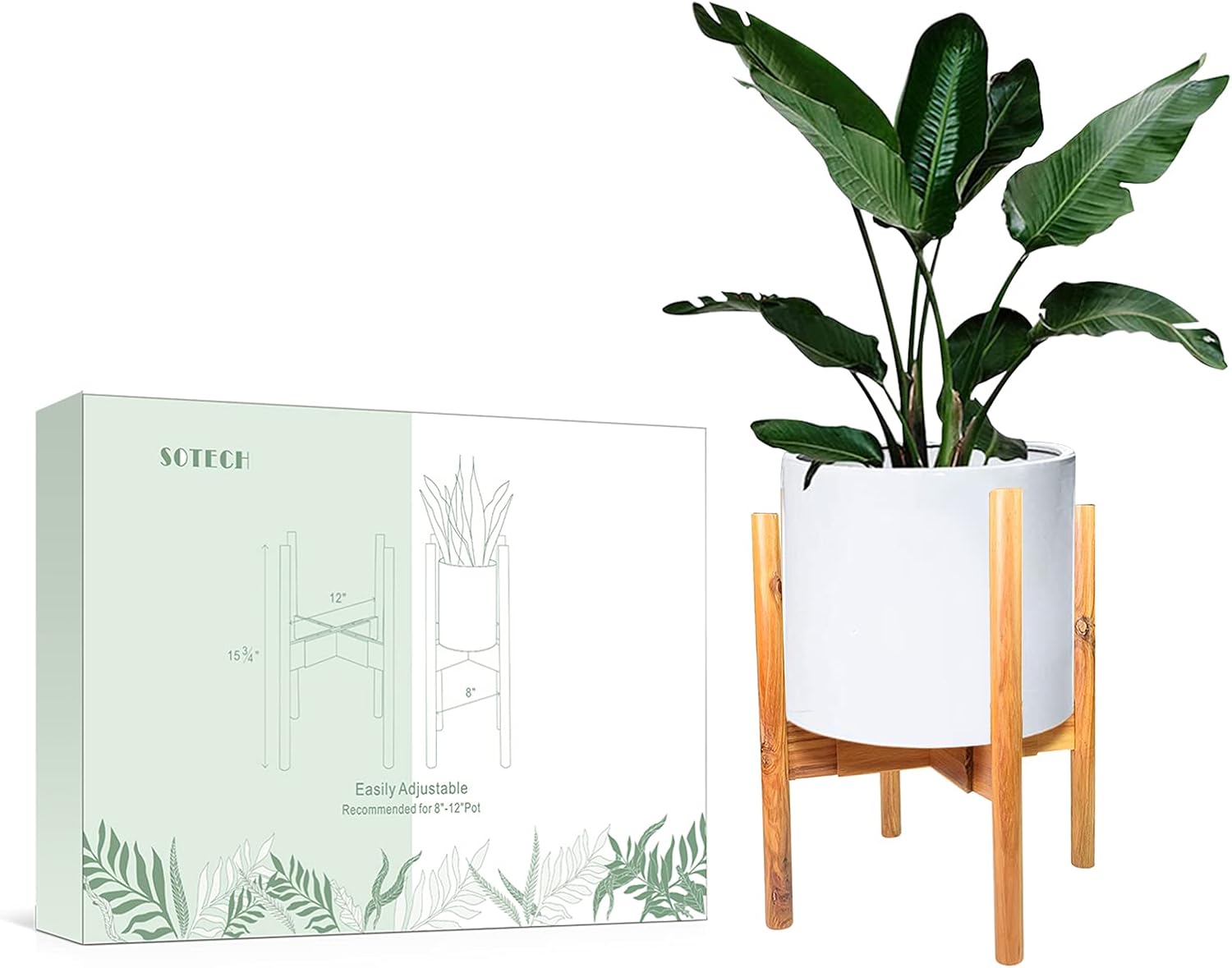 SOTECH Plant Stand Wood Flower Pot Holder Adjustable 8 to 12 inches, Bamboo Modern Plant Stand 15 inches in Height, Fit 8 9 10 11 12 inch Pots Pot & Plant Not Included Potted Stand Display Rack