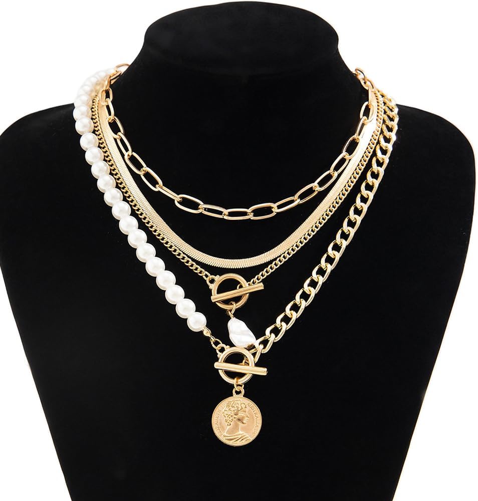 Octwine Boho Simple Layered Gold Pearls Choker Necklaces for Women Stackable Gold Chain Necklace Layering Pearls Pendant Trendy Gold Necklaces Set for Women - Image 4