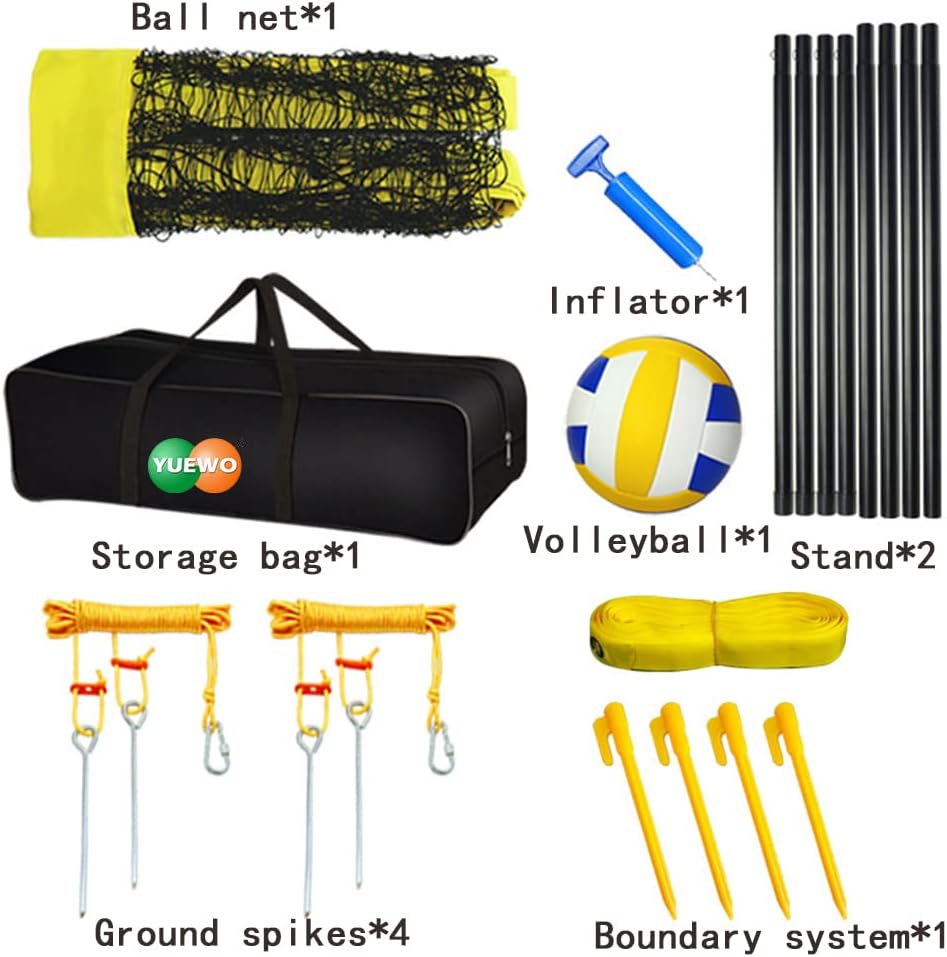 YUEWO Outdoor Portable Volleyball Net Set System, PU Volleyball with Carry Bag for Backyard and Beach, Professional Height Adjustable Steel Poles