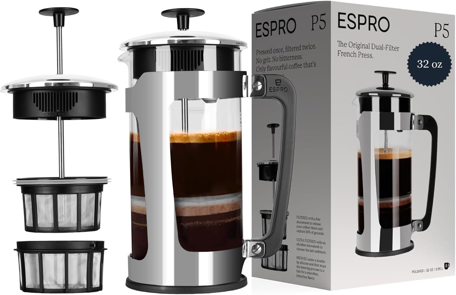 ESPRO P5 French Press Coffee Maker – Patented Double MicroFilter for Grit Free Brew, Heat-Resistant Thicker Borosilicate Glass Coffee Press Easy Clean Design – 32 oz