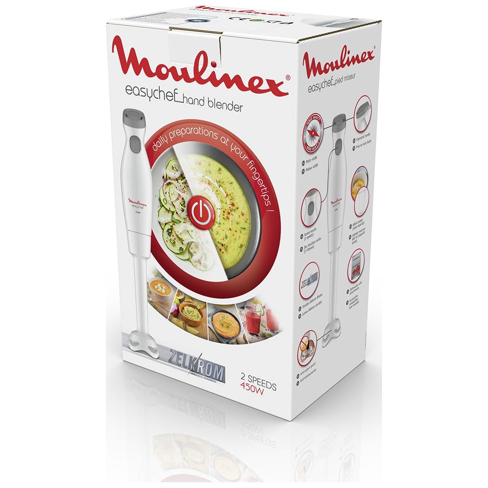 Moulinex Easychef DD45A1 blender ręczny, 450 W, 2 stopnie prędkości, ostrza Zelkrom, biały