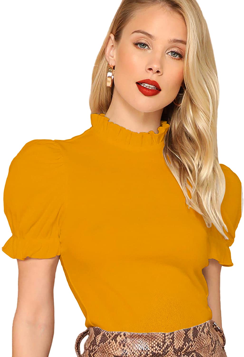 shasmi Women's Pleated High Neck Short Puff Sleeve Ruched Bust Solid Regular Fit Tops For Women/ Tops For Girls (Shree Top 22)-picture-17