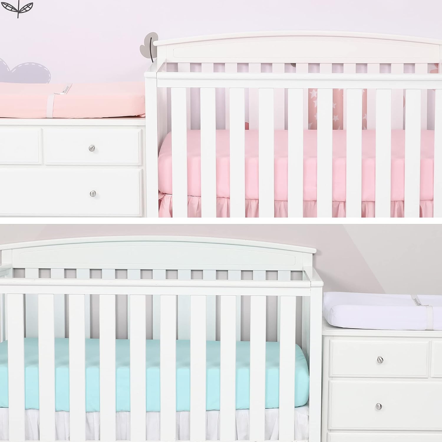 TILLYOU 2-Pack Microfiber Fitted Crib Sheet Set for Baby Boys Girls, Super Soft Toddler Bed Sheets for Standard Crib and Toddler Mattresses, 28"x52"x8",Aqua & Lt Pink