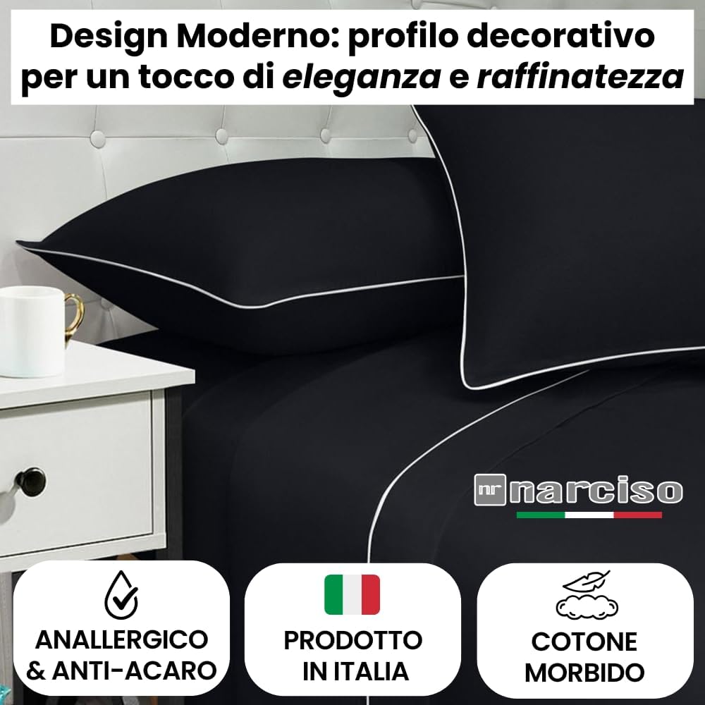 NARCISO - Lenzuola Matrimoniali 100% Cotone Made in Italy, Completo Letto Matrimoniale con Profilo Decorativo Look Moderno, Fantasia Tinta Unita in Varie Colorazioni, Nero