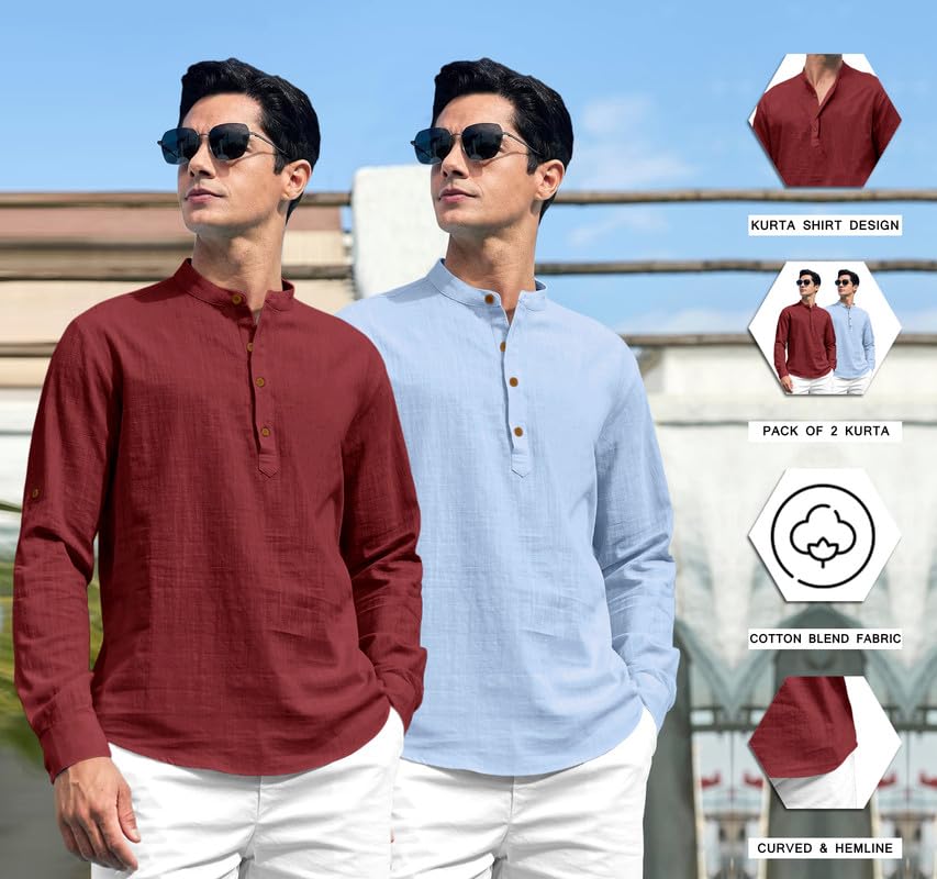 Image of ROYALSCOUT Combo of Men's Solid Cotton Blend Full Sleeve Straight Kurta Shirt (Pack of 2)